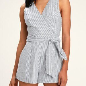Lulus Sea Ya Later Navy Blue And White Striped Sleeveless Romper - Size S